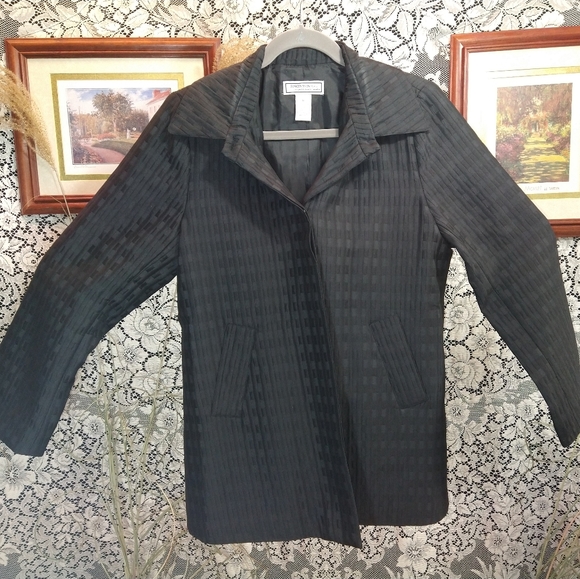 George Simonton Jackets & Blazers - George Simonton black trench coat rectangle embossed design with shoulder pads